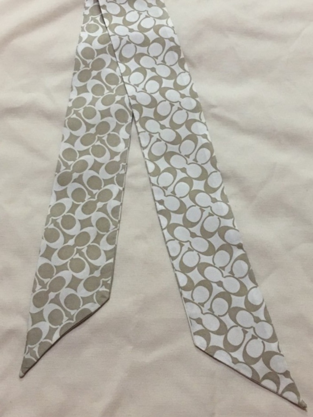 Coach Signature Print Silk Scarf Tie in Beige and White